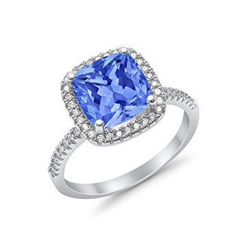 Halo Engagement Ring Accent Cushion Simulated Tanzanite CZ 925 Sterling Silver